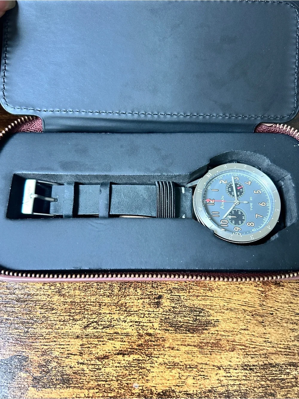 Airain Type 20 Quartz Chronograph Gray Dial Black Leather Watch 10ATM